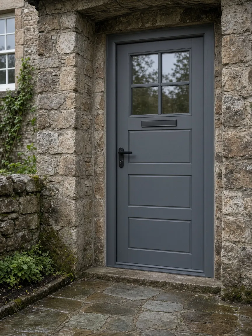 Composite front door on a Scottish stone cottage porch, Stirling, Scotland