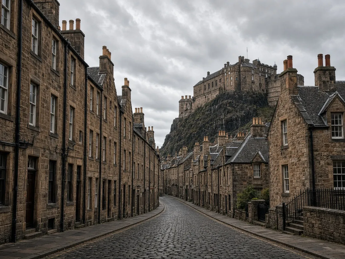 Steep cobbled street of stone houses in Stirling Old Town, Scotland