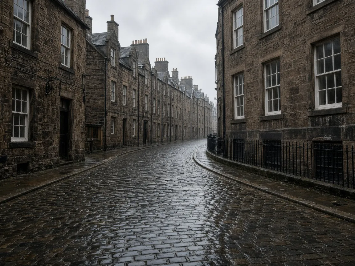 Wet Scottish stone street with windows in Stirling, Scotland