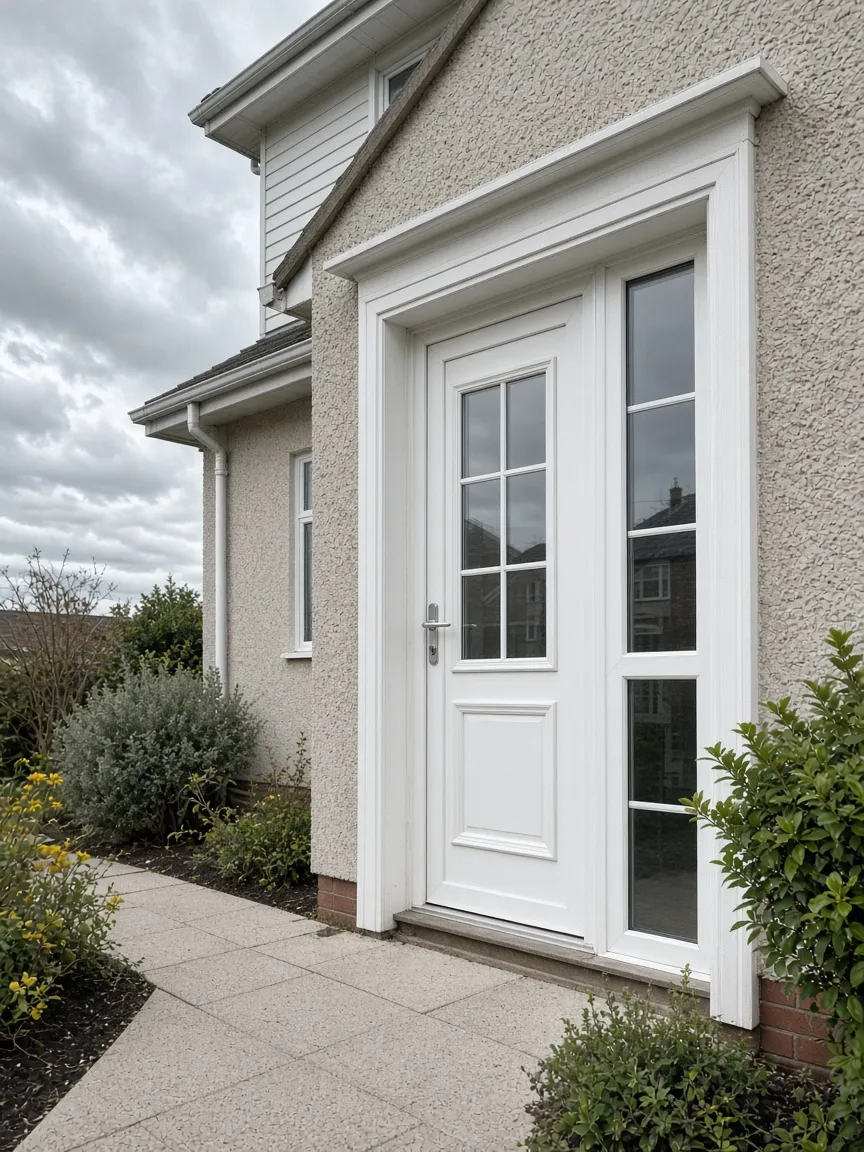 White UPVC door on a later Scottish suburban house, Stirling, Scotland