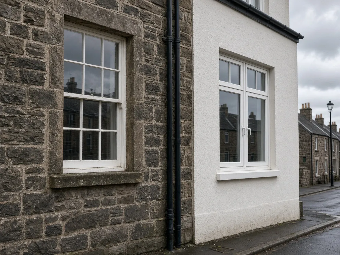 Window detail on a Scottish stone house in damp weather, Stirling, Scotland