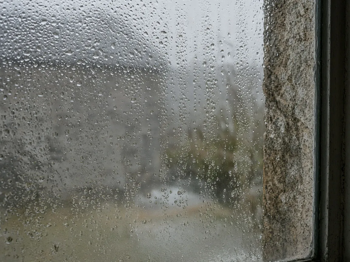 Condensation on a window pane in damp weather, Stirling, Scotland